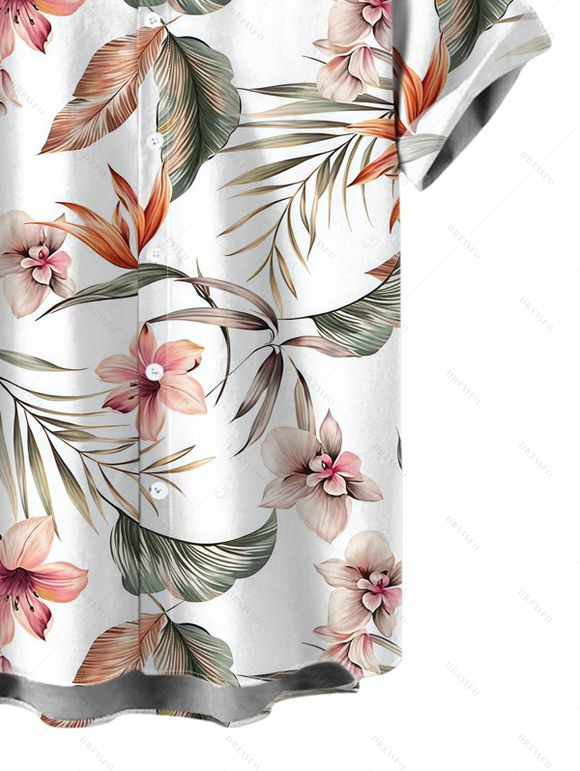 Men's Hawaiian Shirt Tropical Flower Leaf Print Button Up Vacation Shirt - Blanc 5XL
