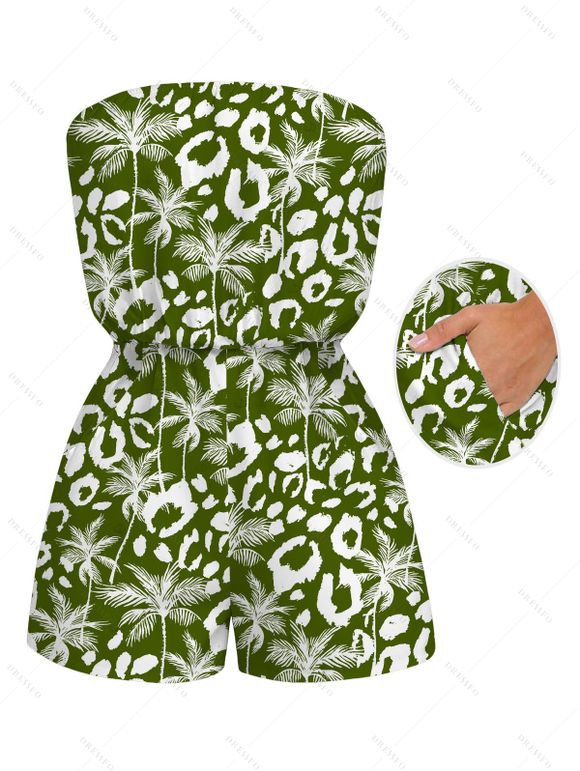 Hawaiian Vacation Romper Coconut Tree Leopard Print Pocket Off the Shoulder Romper - PLANT GREEN XXL | US 14