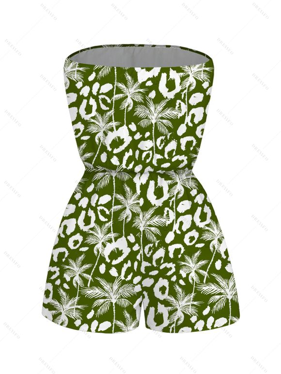Hawaiian Vacation Romper Coconut Tree Leopard Print Pocket Off the Shoulder Romper - PLANT GREEN XXL | US 14