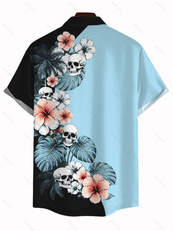 Men's Vacation Shirt Colorblock Hibiscus Floral Monstera Leaf Skulls Print Button Up Shirt - Bleu clair S
