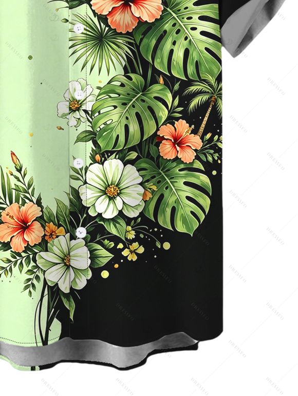 Men's Vacation Shirt Contract Color Hibiscus Floral Monstera Leaf Print Button Up Shirt - Vert clair 5XL