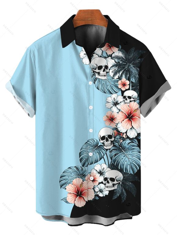 Vacation Couple Outfit Colorblock Hibiscus Floral Monstera Leaf Skulls Print Ruched Bust Dress and Shirt Set - Bleu clair S | US 4