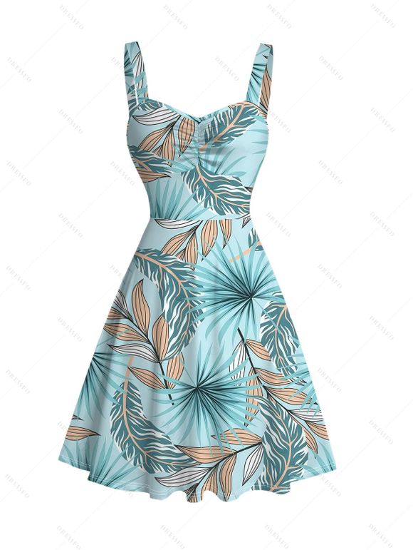 Hawaiian Couple Outfit Tropical Palm Leaf Print Ruched Bust Mini Dress and Shirt Set - Bleu clair S | US 4