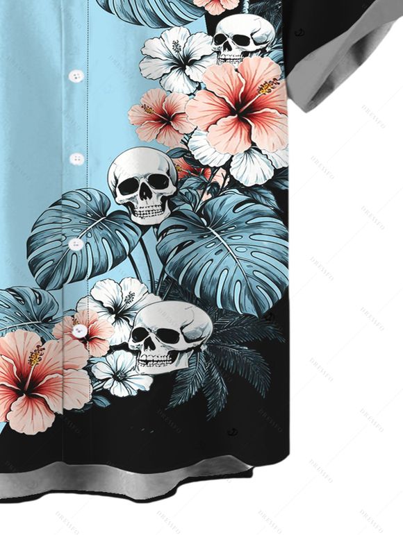 Vacation Couple Outfit Colorblock Hibiscus Floral Monstera Leaf Skulls Print Ruched Bust Dress and Shirt Set - Bleu clair S | US 4