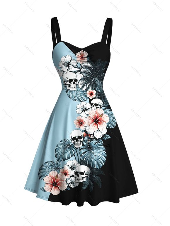 Vacation Couple Outfit Colorblock Hibiscus Floral Monstera Leaf Skulls Print Ruched Bust Dress and Shirt Set - Bleu clair S | US 4