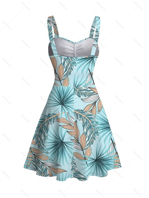 Hawaiian Couple Outfit Tropical Palm Leaf Print Ruched Bust Mini Dress and Shirt Set - Bleu clair S | US 4