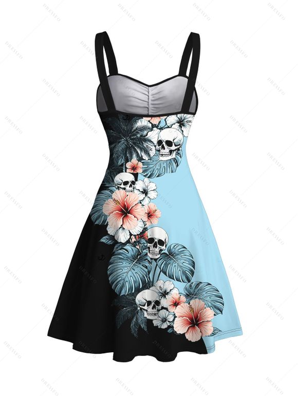 Vacation Couple Outfit Colorblock Hibiscus Floral Monstera Leaf Skulls Print Ruched Bust Dress and Shirt Set - Bleu clair S | US 4