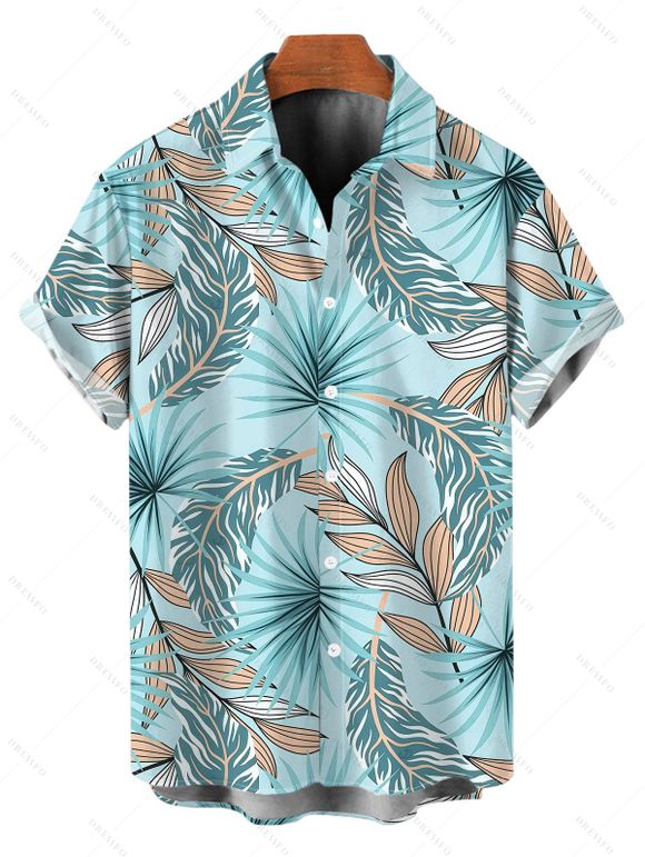 Hawaiian Couple Outfit Tropical Palm Leaf Print Ruched Bust Mini Dress and Shirt Set - Bleu clair S | US 4