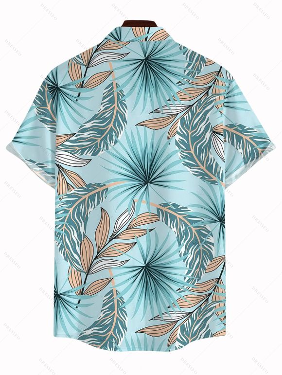 Hawaiian Couple Outfit Tropical Palm Leaf Print Ruched Bust Mini Dress and Shirt Set - Bleu clair S | US 4