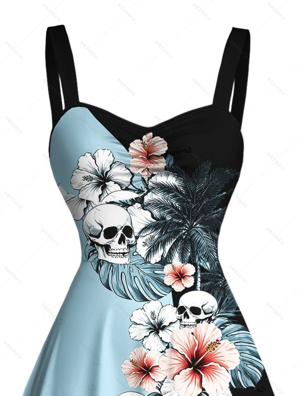 Vacation Couple Outfit Colorblock Hibiscus Floral Monstera Leaf Skulls Print Ruched Bust Dress and Shirt Set - Bleu clair S | US 4