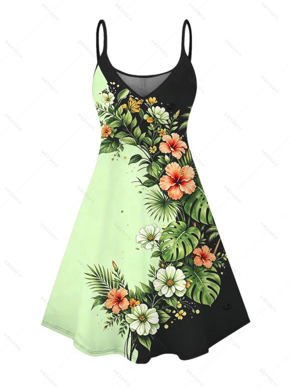 Vacation Couple Outfit Contrast Color Hibiscus Floral Monstera Leaf Print Spaghetti Strap Dress and Shirt Set - Vert clair S | US 4
