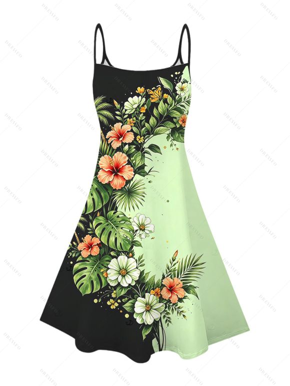 Vacation Couple Outfit Contrast Color Hibiscus Floral Monstera Leaf Print Spaghetti Strap Dress and Shirt Set - Vert clair S | US 4