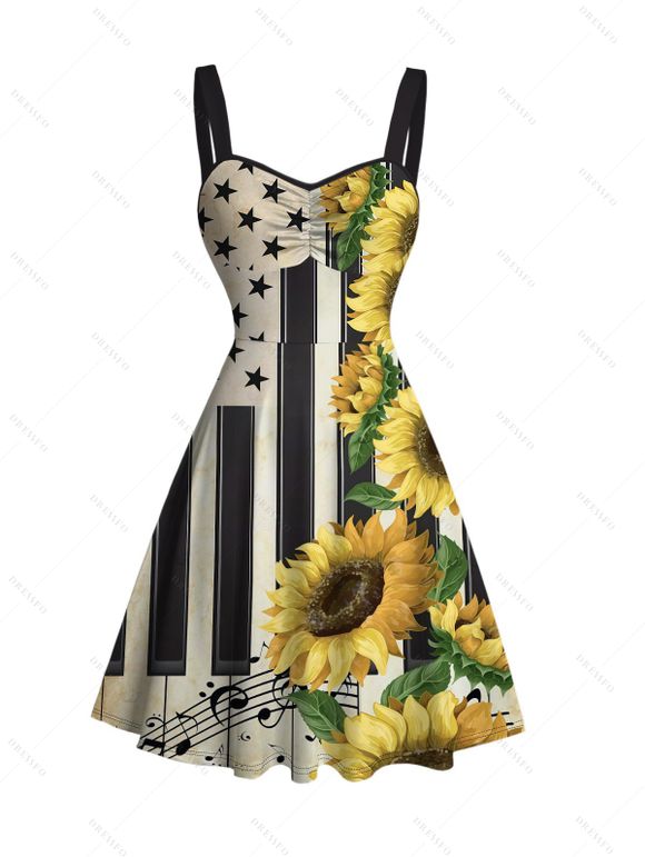 Vintage Couple Outfit Sunflower Star Striped Music Notes Print Ruched Bust Mini Dress and Shirt Set - Noir S | US 4