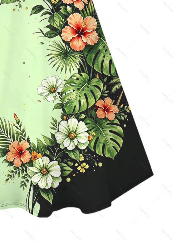Vacation Couple Outfit Contrast Color Hibiscus Floral Monstera Leaf Print Spaghetti Strap Dress and Shirt Set - Vert clair S | US 4