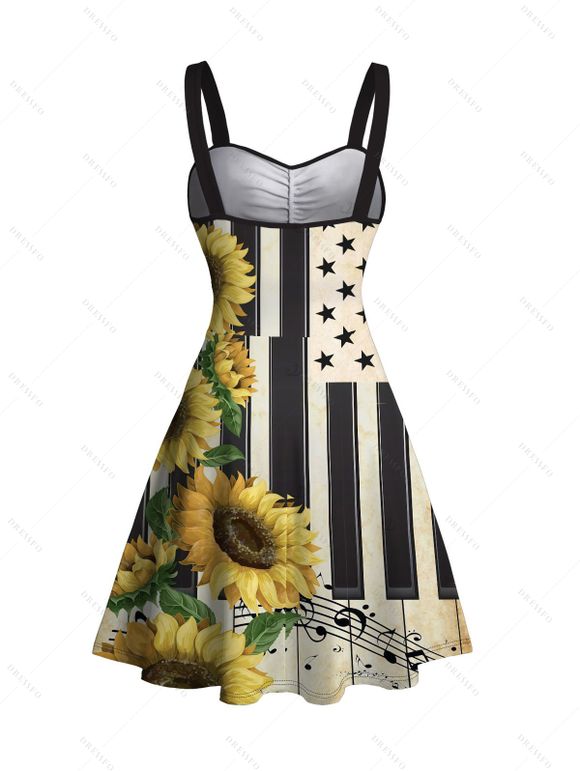 Vintage Couple Outfit Sunflower Star Striped Music Notes Print Ruched Bust Mini Dress and Shirt Set - Noir S | US 4