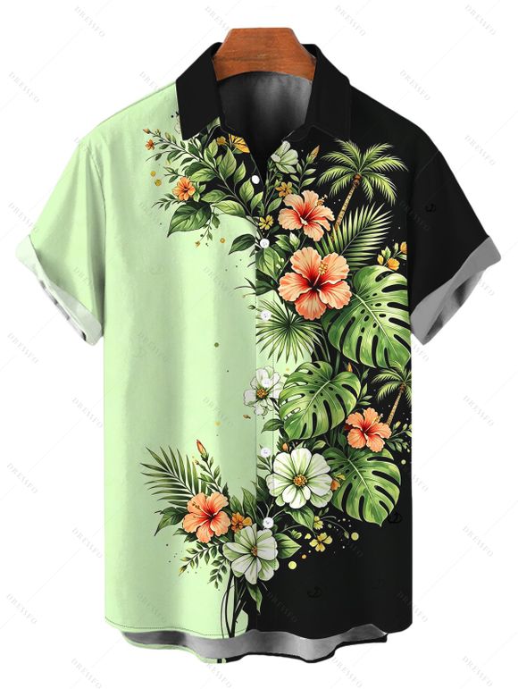 Vacation Couple Outfit Contrast Color Hibiscus Floral Monstera Leaf Print Spaghetti Strap Dress and Shirt Set - Vert clair S | US 4