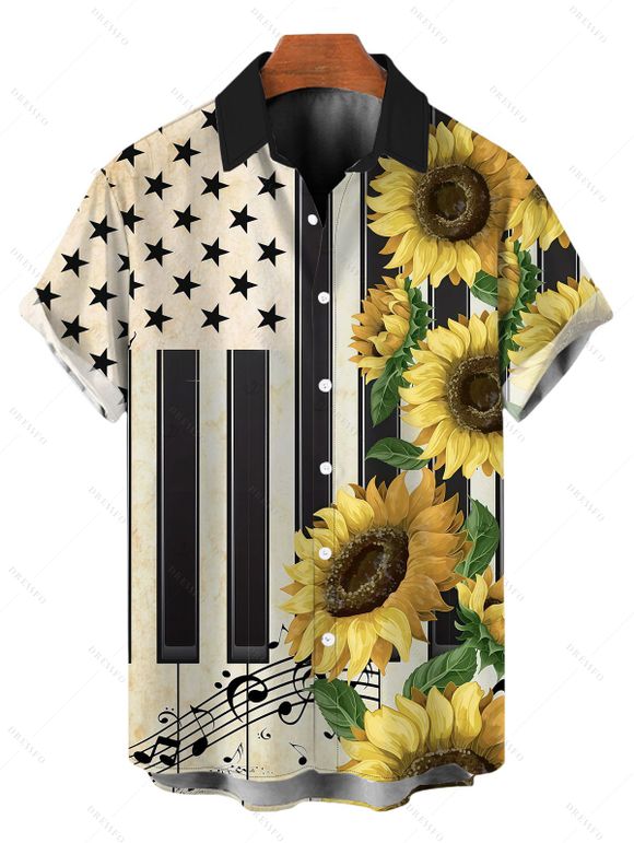 Vintage Couple Outfit Sunflower Star Striped Music Notes Print Ruched Bust Mini Dress and Shirt Set - Noir S | US 4