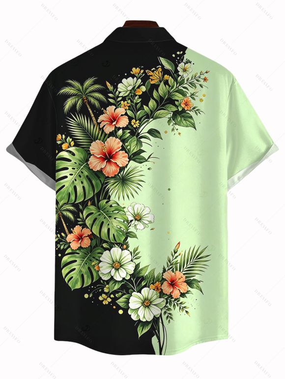 Vacation Couple Outfit Contrast Color Hibiscus Floral Monstera Leaf Print Spaghetti Strap Dress and Shirt Set - Vert clair S | US 4