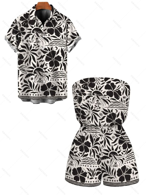 Hawaiian Vacation Couple Outfit Monochrome Vintage Floral Bird Print Pocket Off the Shoulder Romper and Shirt Set - Noir S | US 4
