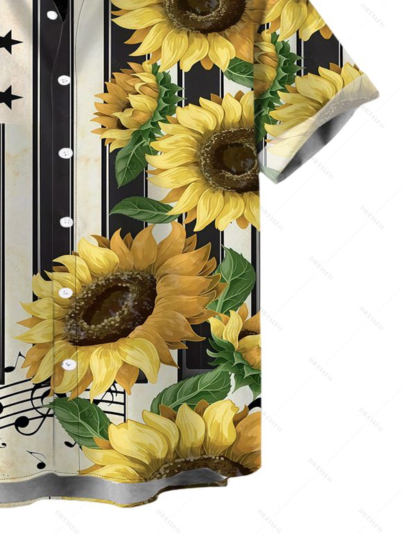 Vintage Couple Outfit Sunflower Star Striped Music Notes Print Ruched Bust Mini Dress and Shirt Set - Noir S | US 4