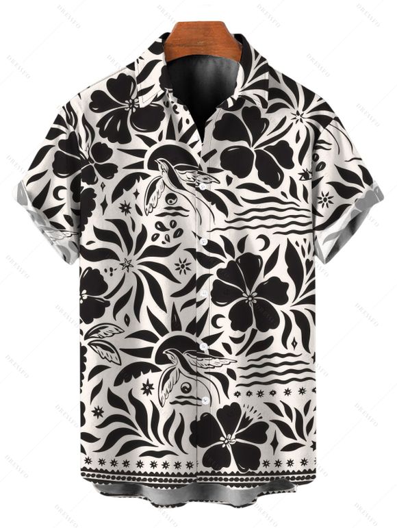 Hawaiian Vacation Couple Outfit Monochrome Vintage Floral Bird Print Pocket Off the Shoulder Romper and Shirt Set - Noir S | US 4