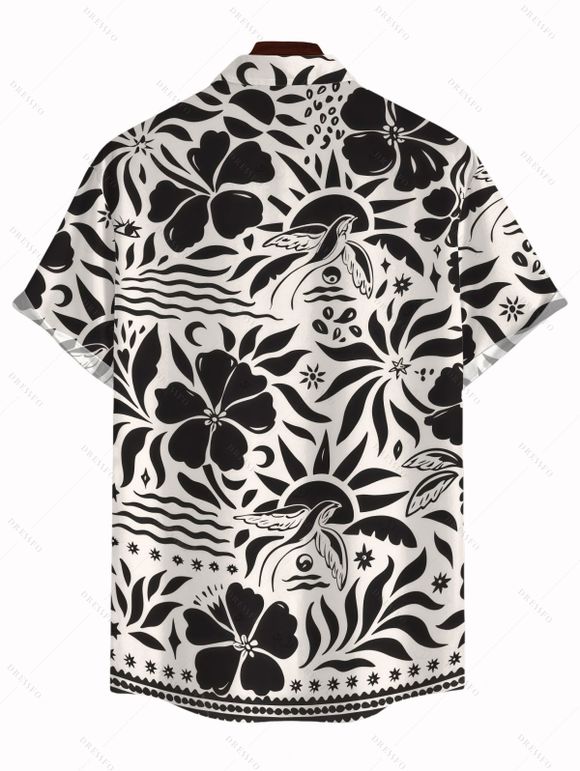 Hawaiian Vacation Couple Outfit Monochrome Vintage Floral Bird Print Pocket Off the Shoulder Romper and Shirt Set - Noir S | US 4