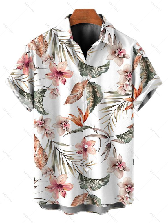 Hawaiian Couple Outfit Tropical Flower Leaf Print Lace Hollow Out Slit Dress and Shirt Set - Blanc S | US 4