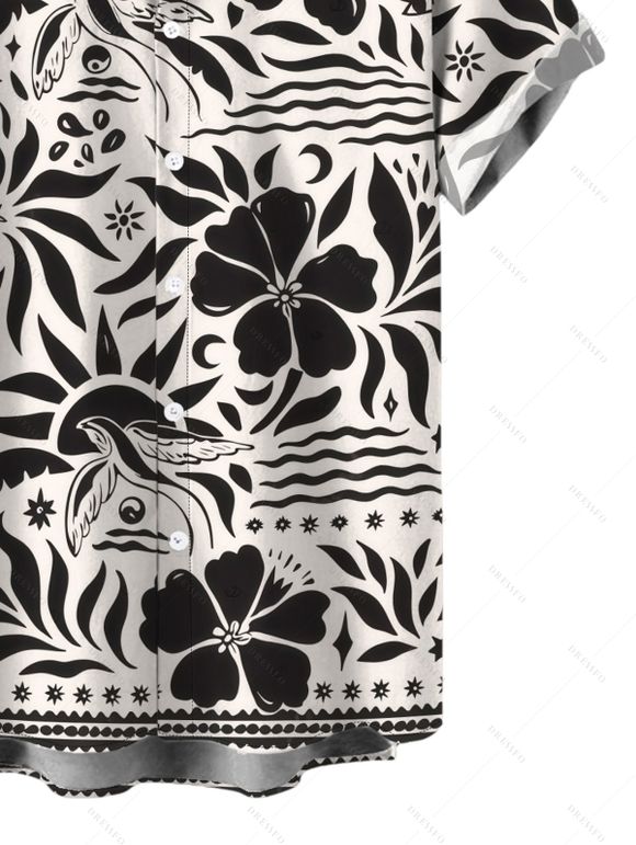 Hawaiian Vacation Couple Outfit Monochrome Vintage Floral Bird Print Pocket Off the Shoulder Romper and Shirt Set - Noir S | US 4