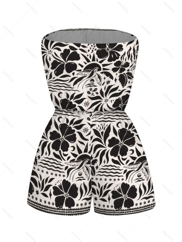 Hawaiian Vacation Couple Outfit Monochrome Vintage Floral Bird Print Pocket Off the Shoulder Romper and Shirt Set - Noir S | US 4