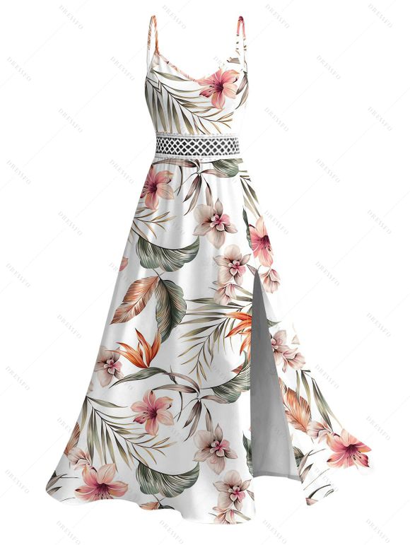 Hawaiian Couple Outfit Tropical Flower Leaf Print Lace Hollow Out Slit Dress and Shirt Set - Blanc S | US 4