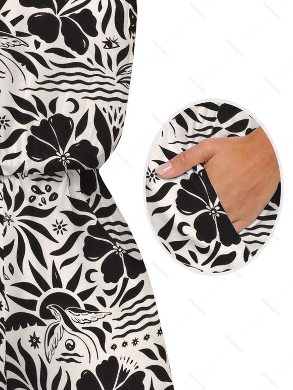 Hawaiian Vacation Couple Outfit Monochrome Vintage Floral Bird Print Pocket Off the Shoulder Romper and Shirt Set - Noir S | US 4