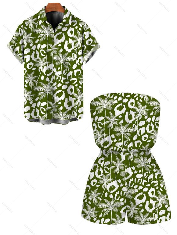 Hawaiian Vacation Couple Outfit Coconut Tree Leopard Print Pocket Off the Shoulder Romper and Shirt Set - PLANT GREEN S | US 4