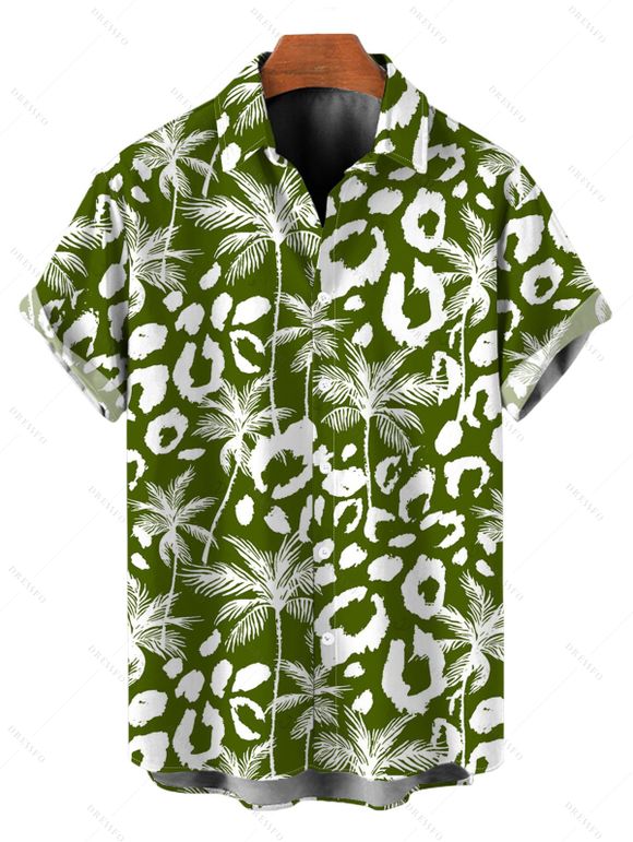 Hawaiian Vacation Couple Outfit Coconut Tree Leopard Print Pocket Off the Shoulder Romper and Shirt Set - PLANT GREEN S | US 4