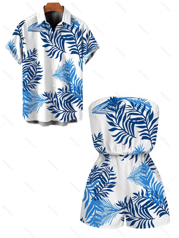 Hawaiian Vacation Couple Outfit Colorblock Palm Leaf Print Pocket Off the Shoulder Romper and Shirt Set - Blanc S | US 4