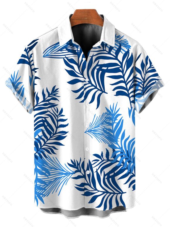 Hawaiian Vacation Couple Outfit Colorblock Palm Leaf Print Pocket Off the Shoulder Romper and Shirt Set - Blanc S | US 4