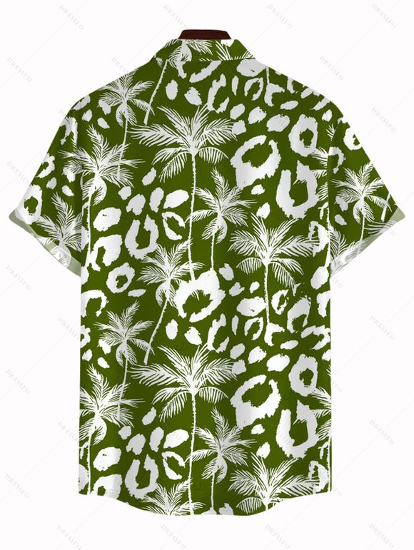 Hawaiian Vacation Couple Outfit Coconut Tree Leopard Print Pocket Off the Shoulder Romper and Shirt Set - PLANT GREEN S | US 4