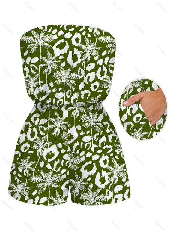 Hawaiian Vacation Couple Outfit Coconut Tree Leopard Print Pocket Off the Shoulder Romper and Shirt Set - PLANT GREEN S | US 4
