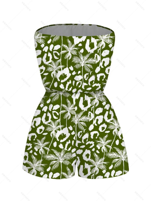 Hawaiian Vacation Couple Outfit Coconut Tree Leopard Print Pocket Off the Shoulder Romper and Shirt Set - PLANT GREEN S | US 4