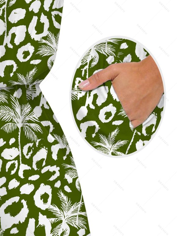 Hawaiian Vacation Couple Outfit Coconut Tree Leopard Print Pocket Off the Shoulder Romper and Shirt Set - PLANT GREEN S | US 4