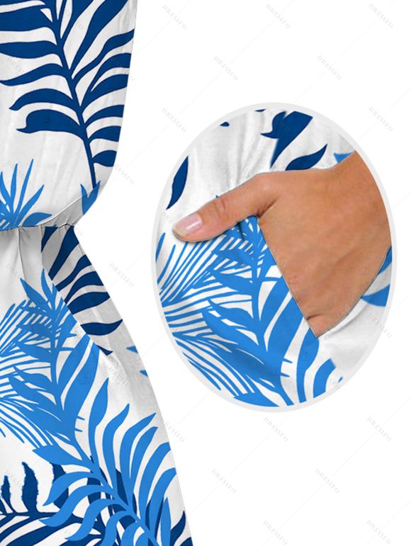 Hawaiian Vacation Couple Outfit Colorblock Palm Leaf Print Pocket Off the Shoulder Romper and Shirt Set - Blanc S | US 4