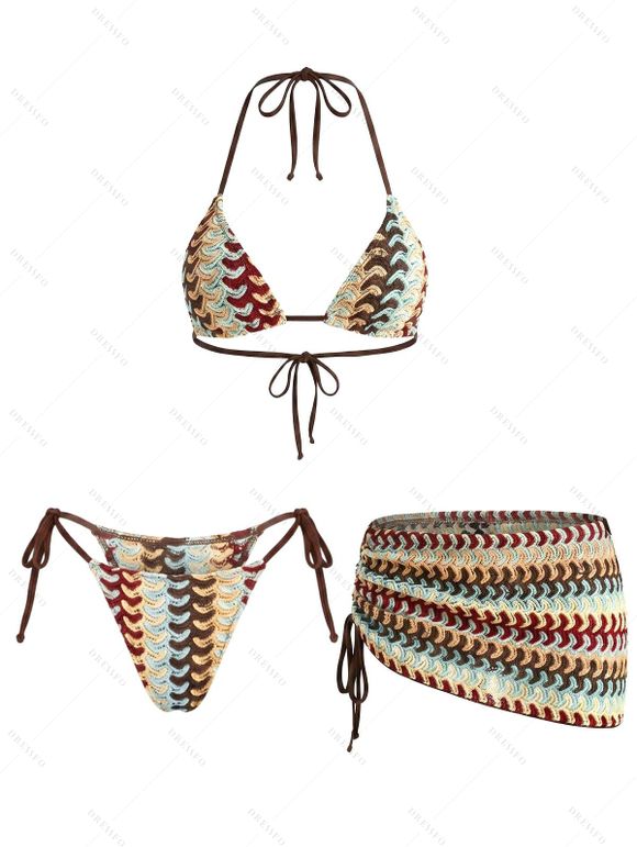 Beach Vacation 3 pcs Bikini Swimsuit Arrow Ethnic Print Lace Up Skirt Swimwear Set - multicolor L | US 8-10