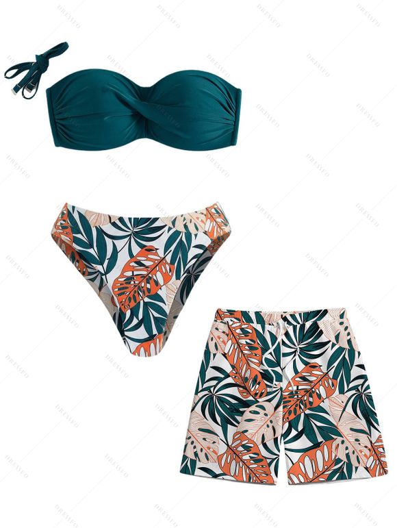 Beach Vacation Couple Outfit Colorblock Twisted Ruched Tropical Leaf Print Bikini Swimsuit and Shorts Set - PLANT GREEN S | US 4