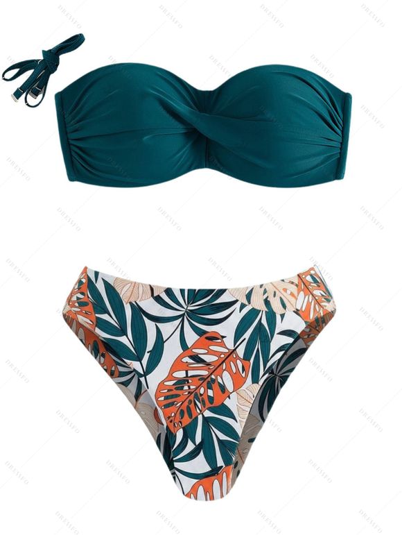 Beach Vacation Couple Outfit Colorblock Twisted Ruched Tropical Leaf Print Bikini Swimsuit and Shorts Set - PLANT GREEN S | US 4