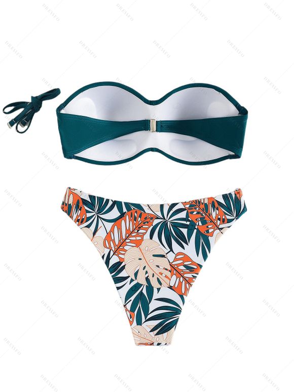 Beach Vacation Couple Outfit Colorblock Twisted Ruched Tropical Leaf Print Bikini Swimsuit and Shorts Set - PLANT GREEN S | US 4