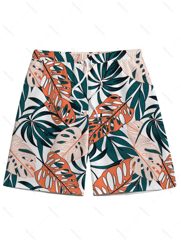 Beach Vacation Couple Outfit Colorblock Twisted Ruched Tropical Leaf Print Bikini Swimsuit and Shorts Set - PLANT GREEN S | US 4