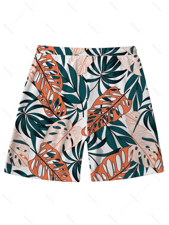 Beach Vacation Couple Outfit Colorblock Twisted Ruched Tropical Leaf Print Bikini Swimsuit and Shorts Set - PLANT GREEN S | US 4