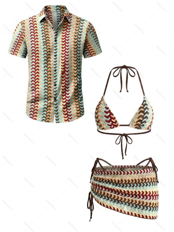 Beach Bohemian Couple Outfit Arrow Ethnic Print Lace Up Skirt 3 pcs Bikini Swimsuit and Shirt Set - multicolor S | US 4