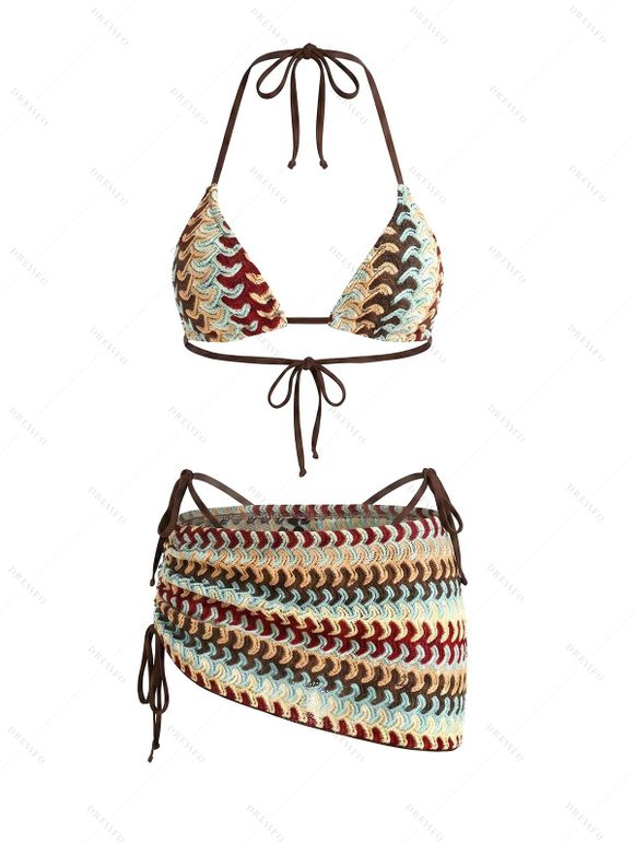Beach Bohemian Couple Outfit Arrow Ethnic Print Lace Up Skirt 3 pcs Bikini Swimsuit and Shirt Set - multicolor S | US 4