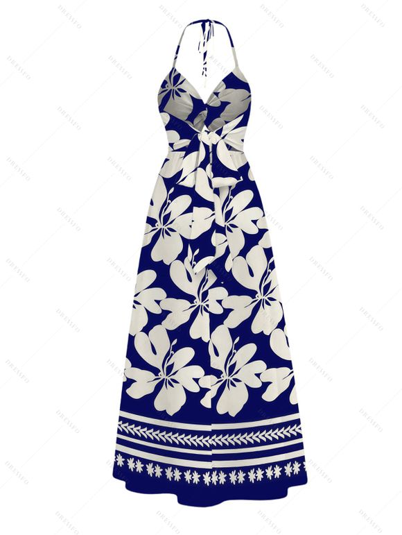 Hawaii Vacation Couple Outfit Plumeria Floral Tribal Print Twisted Cut Out Bowknot Slit Halter Dress and Shirt Set - Bleu profond S | US 4