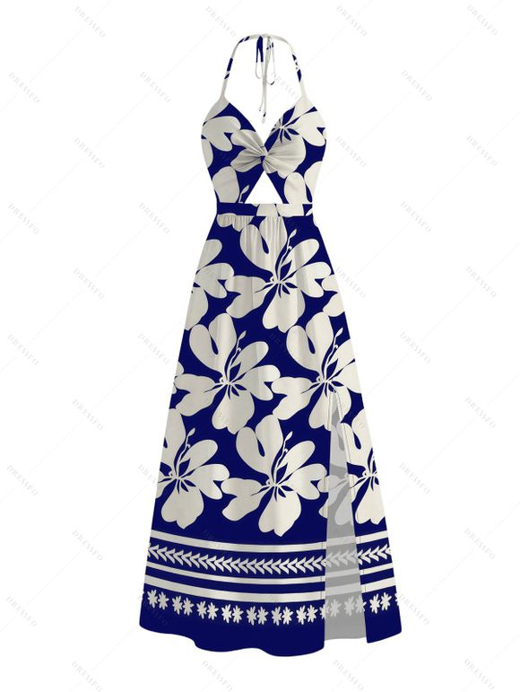 Hawaii Vacation Couple Outfit Plumeria Floral Tribal Print Twisted Cut Out Bowknot Slit Halter Dress and Shirt Set - Bleu profond S | US 4